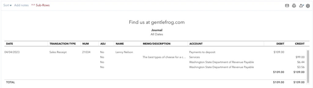 Journal entry for a sales receipt in QBO.