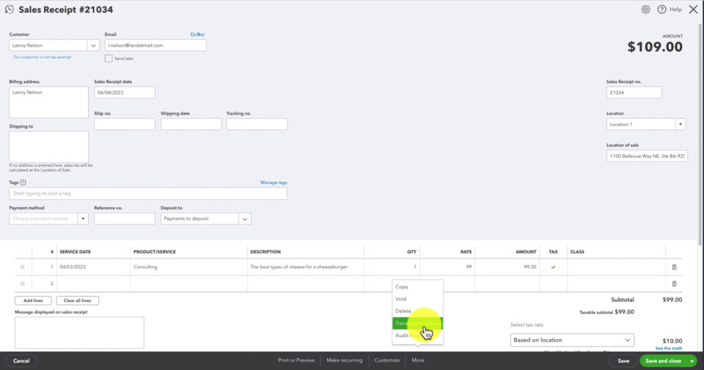 Opening the Transaction Journal for a Sales Receipt in QBO.