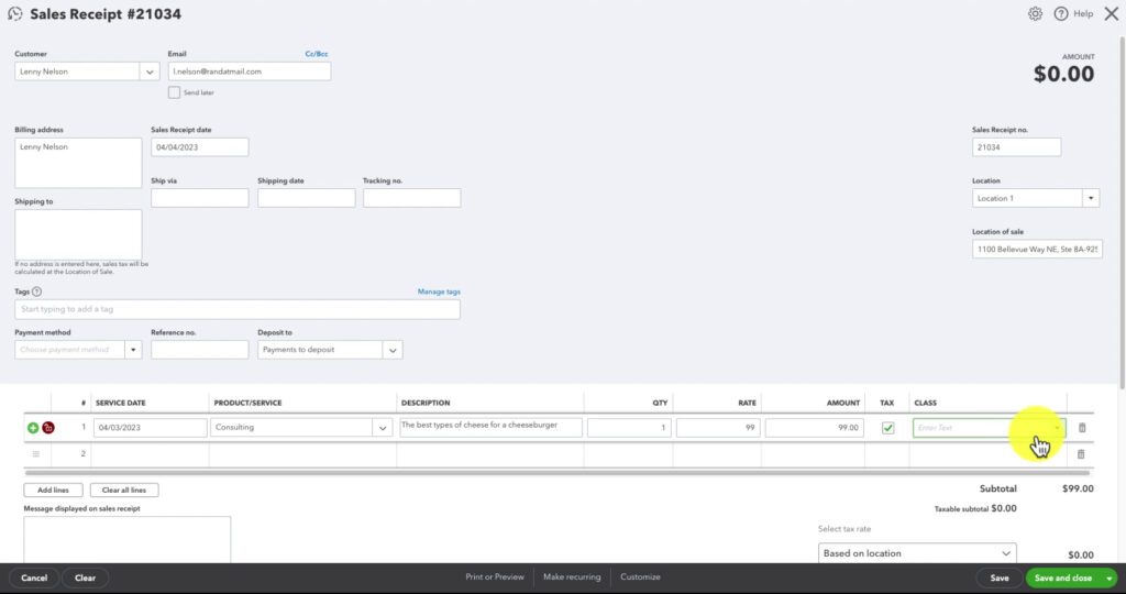 Example QBO Sales Receipt.