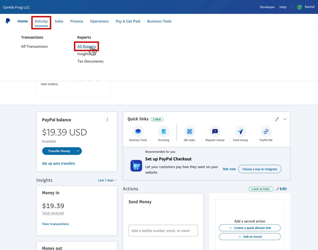 Navigating to All Reports in a PayPal business account.