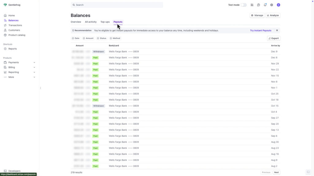 List of payouts in Stripe