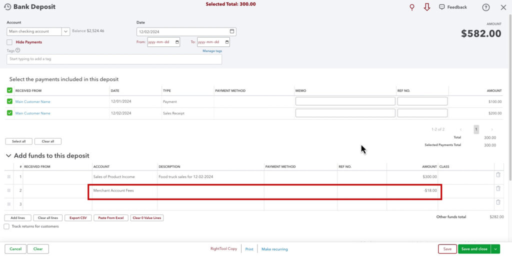 A bank deposit in QBO with merchant account fees added.