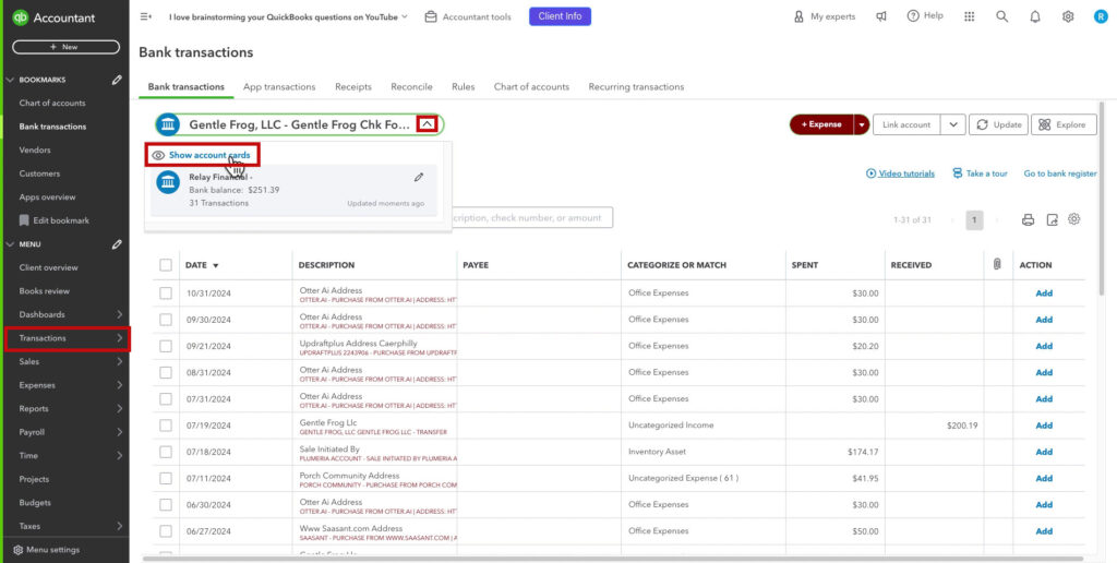 Show account cards option on the Bank Transactions screen in QBO