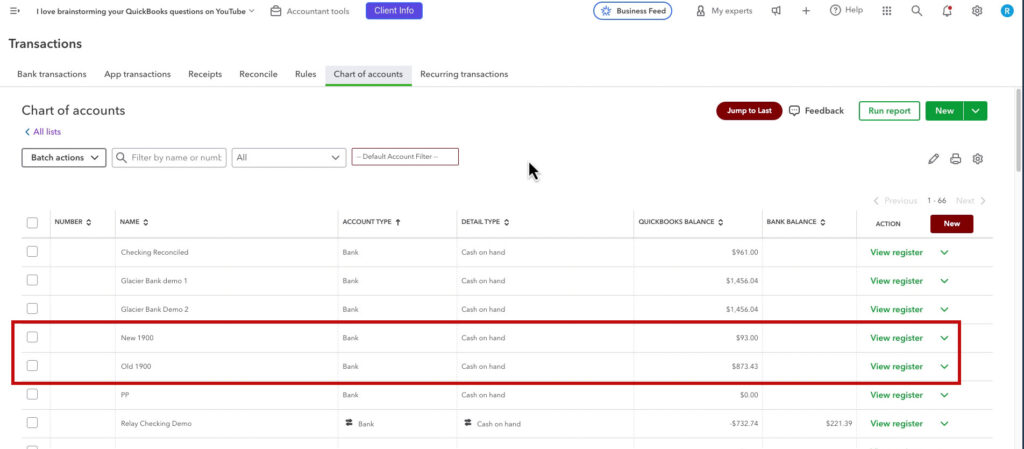 Reconciled bank accounts to merge in QBO