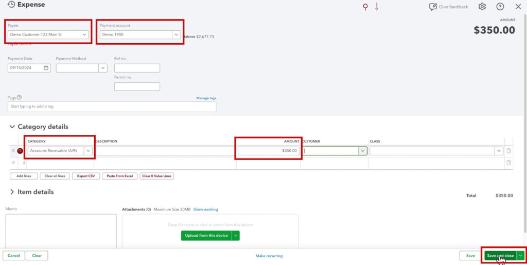 Record an NSF check using an expense in QBO