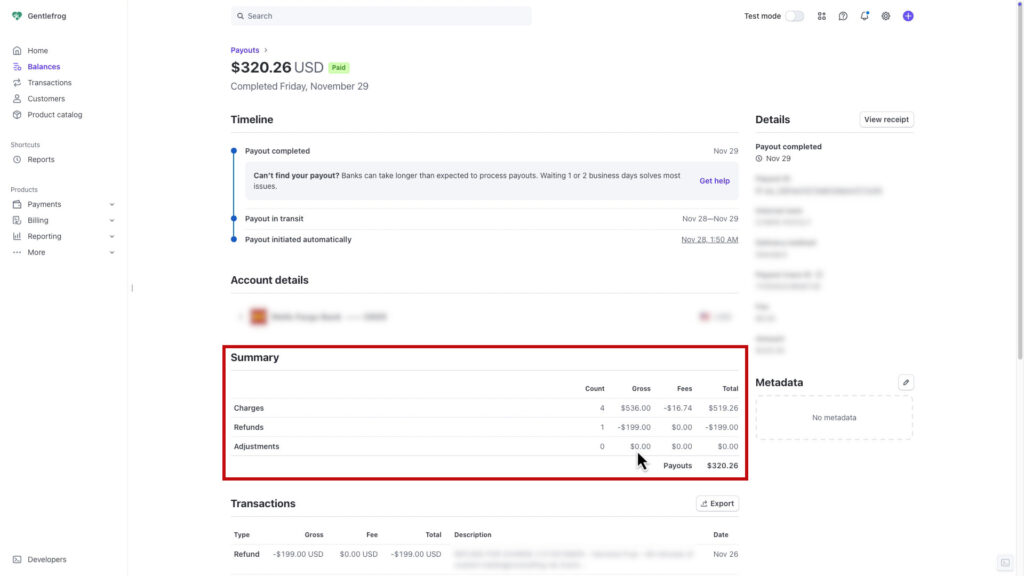 Payout in Stripe showing fees in the Summary section