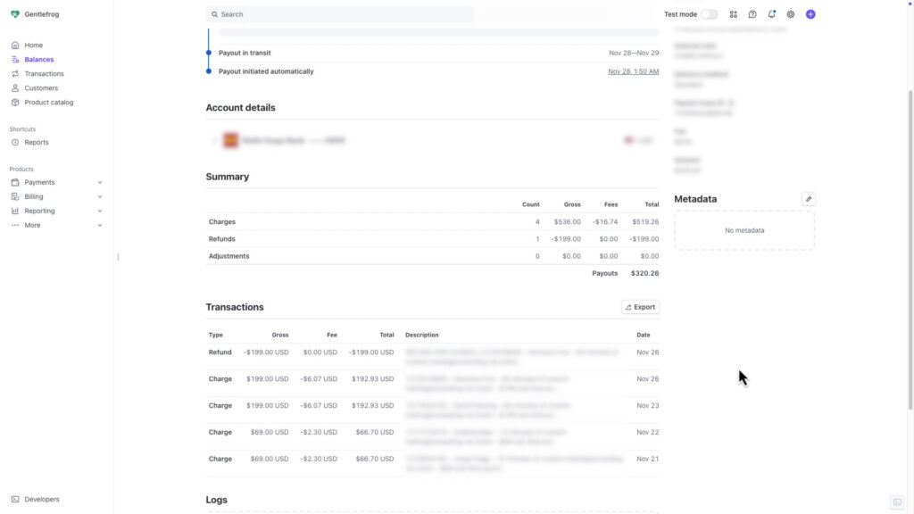 Transactions on a Stripe payout 