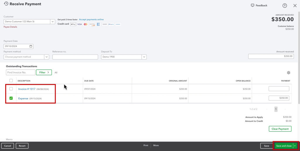 Connecting a payment with an NSF check (expense) in QBO