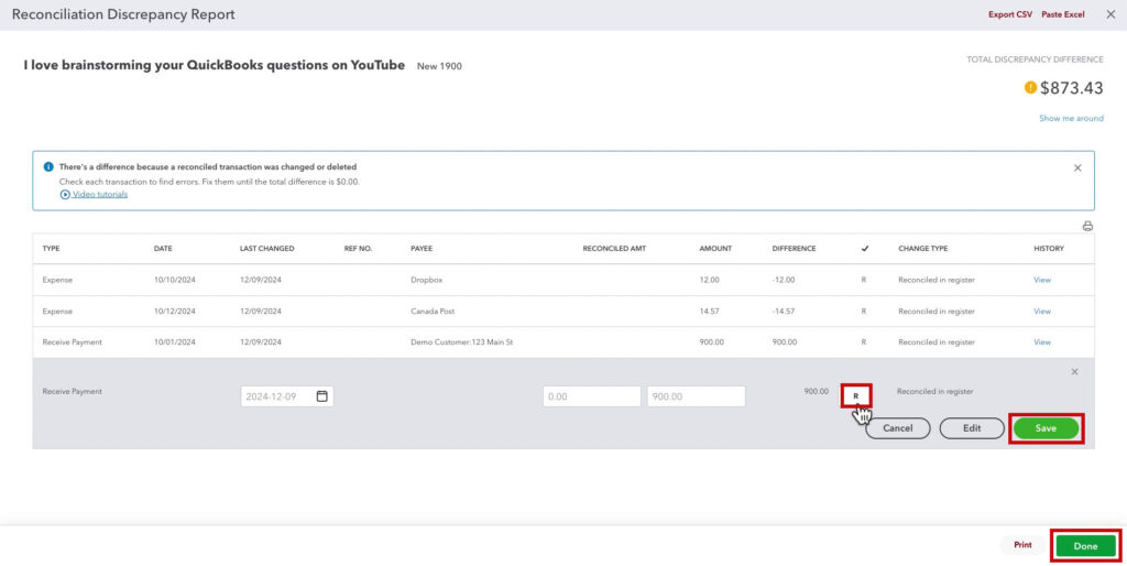 Unreconciling a transaction from the Reconciliation Discrepancy Report in  QBO