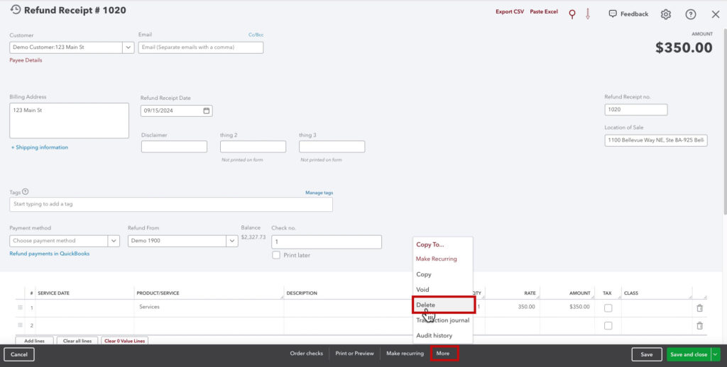 Deleting a refund receipt in QBO