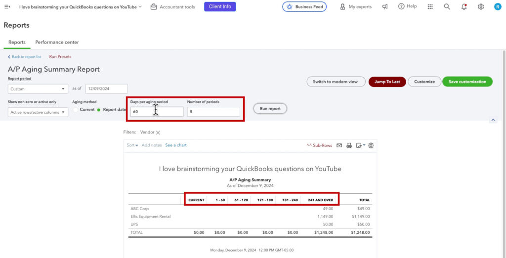 Updating the periods on the AP Aging Summary Report in QBO