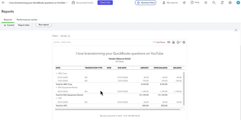 Vendor Balance Detail report in QBO