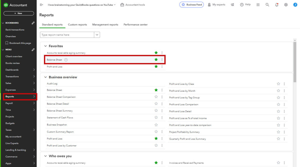 Navigating to the balance sheet in QBO