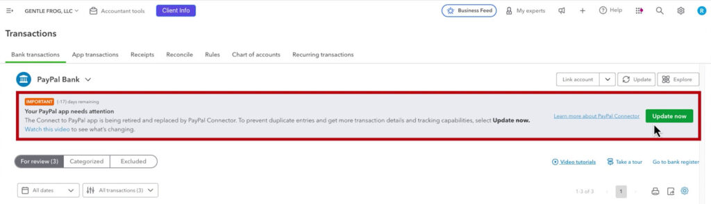 Warning in QBO that the Connect to PayPal app is getting retired